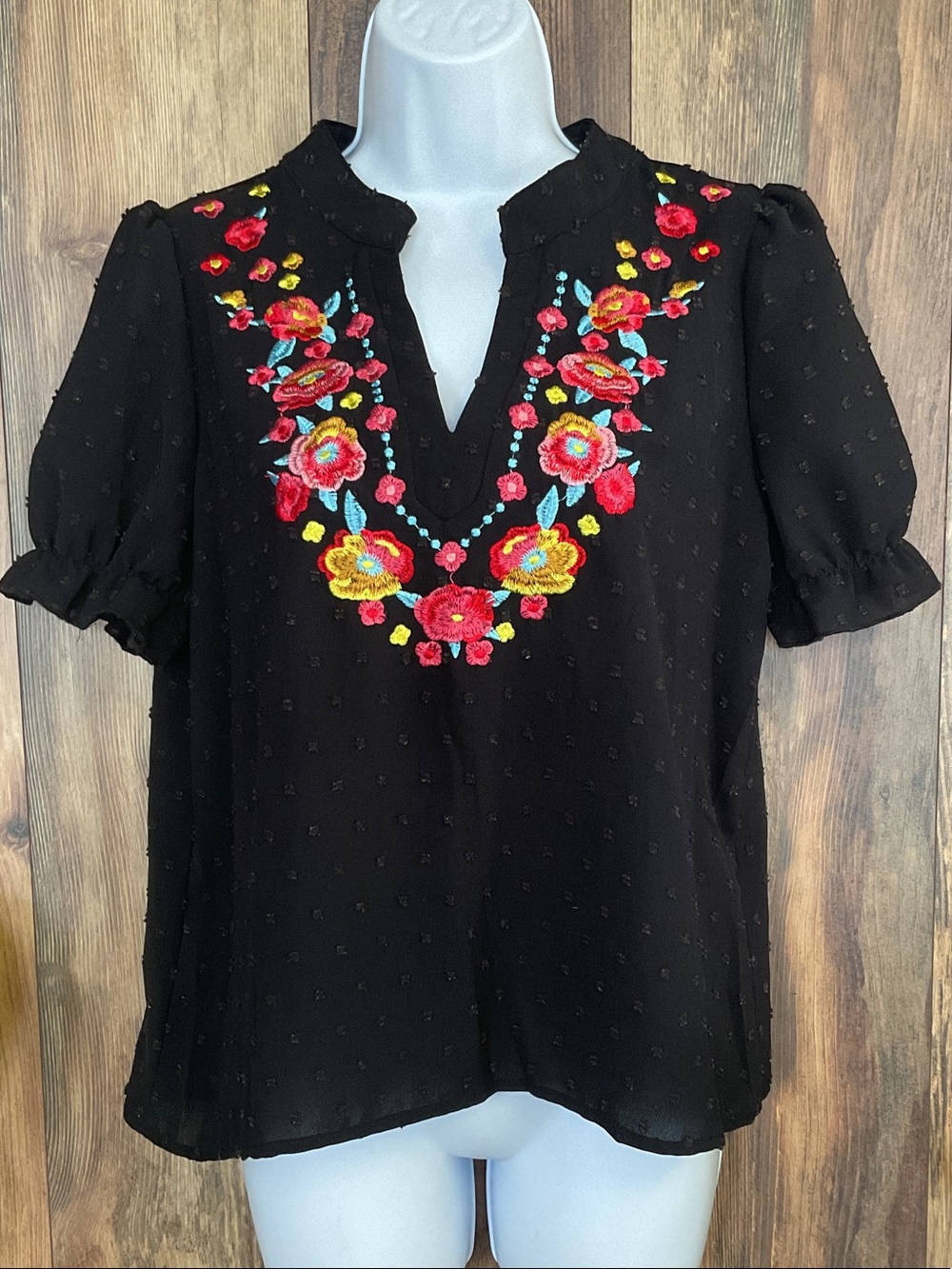 SHEIN Black V-Neck Blouse with Multicolor Floral Embroidery M C227